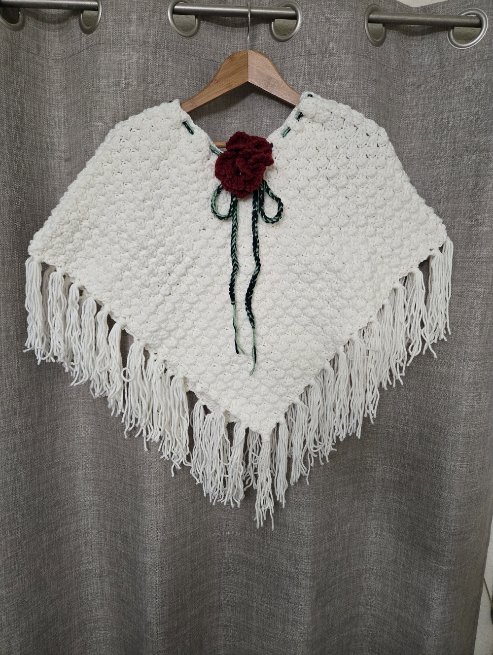 Handmade White Crochet Fringe Poncho with Red Flower Tie
